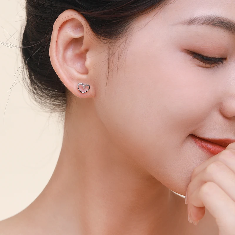 Ailmay Genuine 925 Sterling Silver Simple Romantic Heart Design Stud Earrings For Women Wedding Statement Fine Silver Jewelry