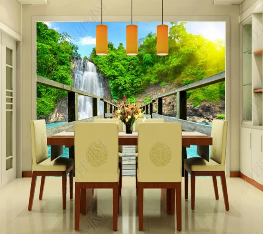 Papel de parede Waterfall and wooden bridge 3D scenery 3d wallpaper mural,iving room tv wall bedroom wall papers home decor