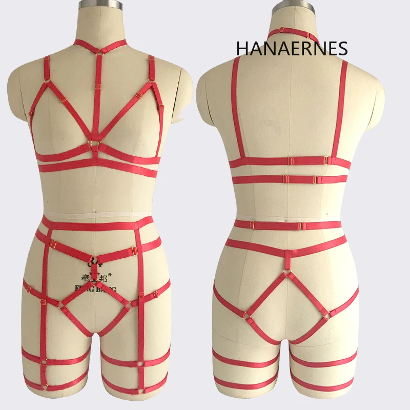 HANAERNES الأحمر كوبليس قفص Bralette تعديل أسفل سراويل قصيرة المحاصيل الملابس الداخلية عبودية تسخير مجموعة صنم ارتداء الرقص ارتداءها