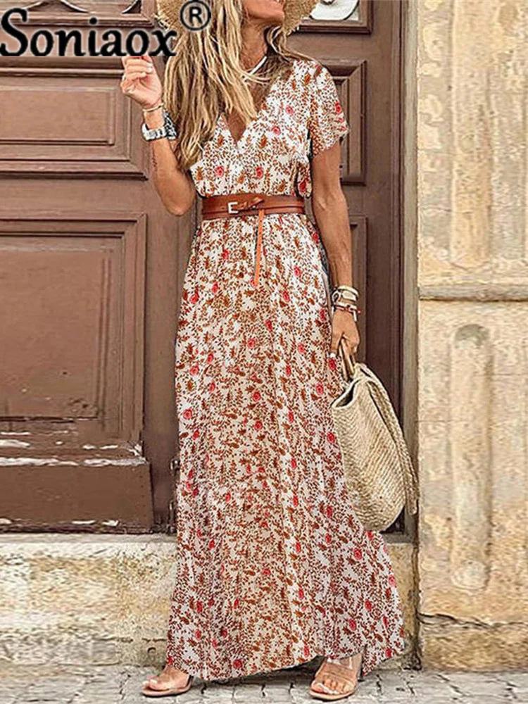 Moda boho vestido longo para senhoras v pescoço manga curta paisley impressão cinto grande hem praia maxi vestido elegante vestido feminino 2021