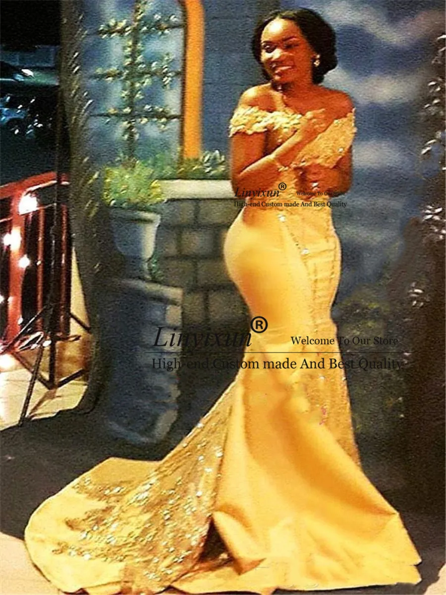 Gaun Prom Putri Duyung Kuning Nigeria Afrika Gaun Malam Satin Berpayet Renda Bahu 2021Off Gaun Prom Arab Kustom