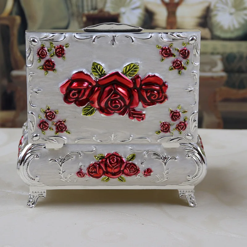 2023 Vintage Enameled Rectangular Decorative Collectible Jewelry Trinket Box for Women White with Red Rose Flower