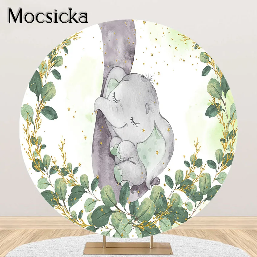 

Mocsicka фон с зелеными листьями и слоном для мальчиков для будущей мамы Природные растения слон украшения вечерние НКИ круглая эластичная круглая крышка