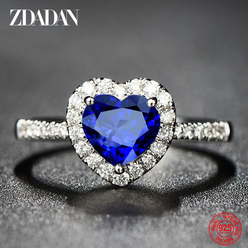 ZDADAN 925 Sterling Silver Heart Blue Gemstone Rings For Women Wedding Jewelry Fashion Gift