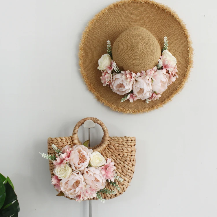 Weave Rattan Straw Holiday Casual Tote Handbag Multicolor Customized Bohemia Style Women Summer Flower Beach Bag and Hat Suit