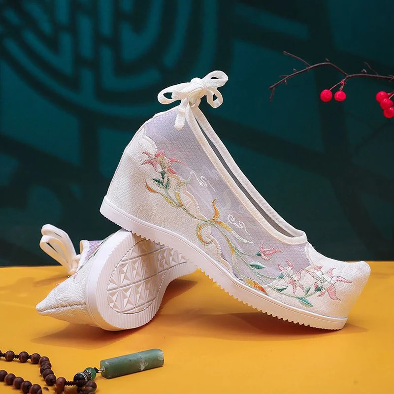 Wedge Heel Ladies Mesh Shoes Sweet Lolita Fairy Hanfu Oriental Ancient Embroidery Shoes Cute Kawaii Women Chinese Traditional