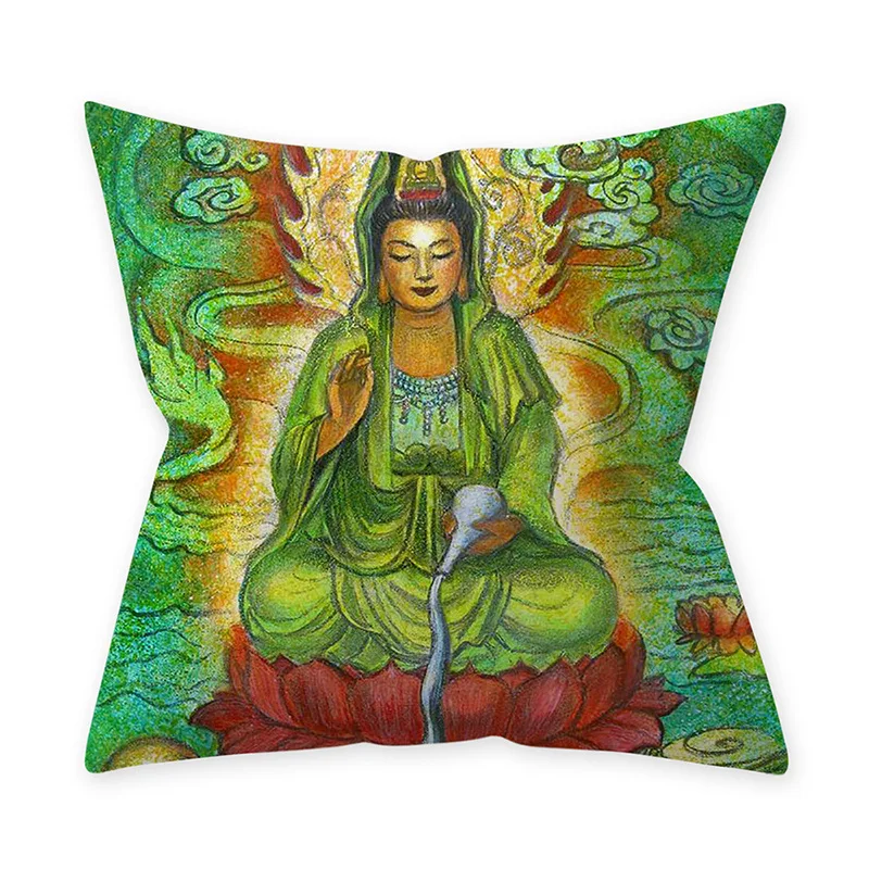 Religious Figure Indian Buddhist Short Plush Pattern Throw Pillowcase Buddha Statue Guanyin  Decoration Sofa Cushion Cover