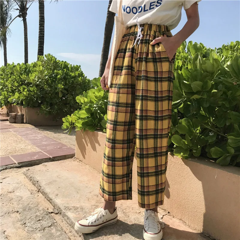 Yellow Plaid Vintage Pants Women 2021 Spring Summer Casual Drawstring Trousers Women Loose Wide Leg Cotton Pants