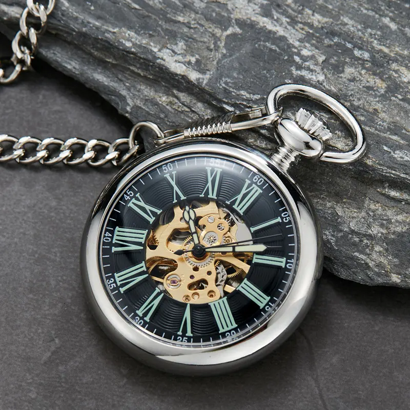 Vintage Watch Necklace Steampunk Skeleton Mechanical Pocket Watch Clock Hand-winding Men Women Chain Gift Relgio de bolso