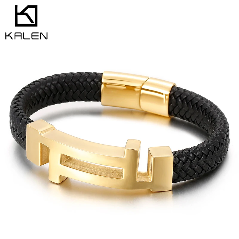 

Kalen 215mm Geometric Pattern Men's Stainless Steel Charm Cowhide Bracelet Jewelry