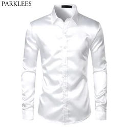 Camisa de esmoquin de satén de seda blanca para hombre, camisas de vestir ajustadas de manga larga de marca, camisa informal para fiesta de boda y baile, 2023