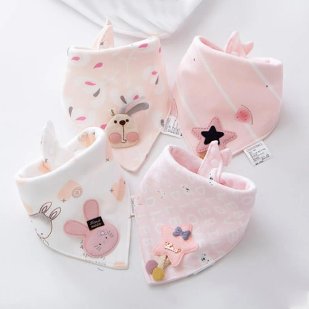 4 Pieces Baby Bibs Cotton Triangle Double Cartoon Saliva Towel Baby Boys Girls Feeding Apron Bandana Bibs Newborn Accessories