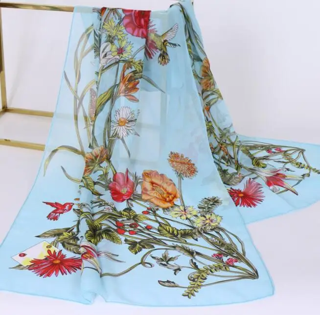 Chiffon Floral Elegant Scarves Silk Scarf Fashion Women Flower Printed Long Soft Wrap Scarf Simulation Silk Shawl Beach Scarf