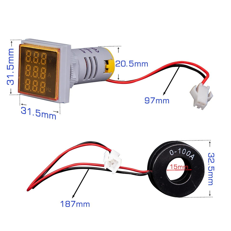 22mm AC 60-500V 1-100A Voltmeter Ammeter Hz Indicator Digital  20-75Hz Current Frequency Meter Digital Voltage Amp Led Lamp 3in1