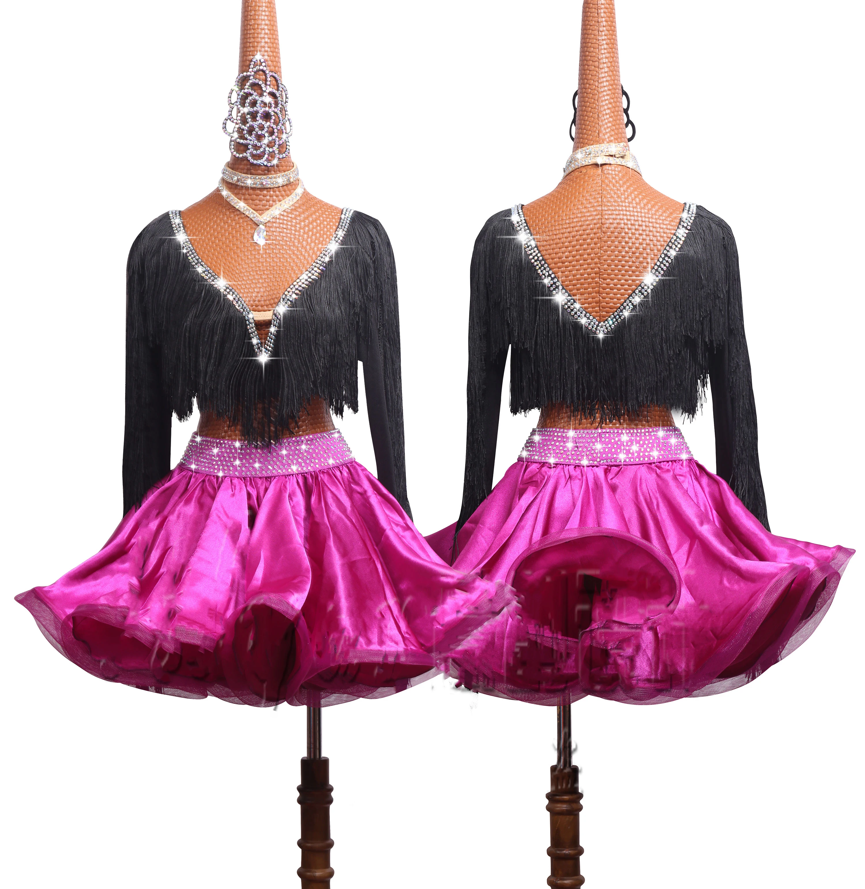 Latin Dance Competition Costume High-end Performing Costume Children\'s Black V-collar Long-sleeved Tassels Fishbone Skirt#LD0043