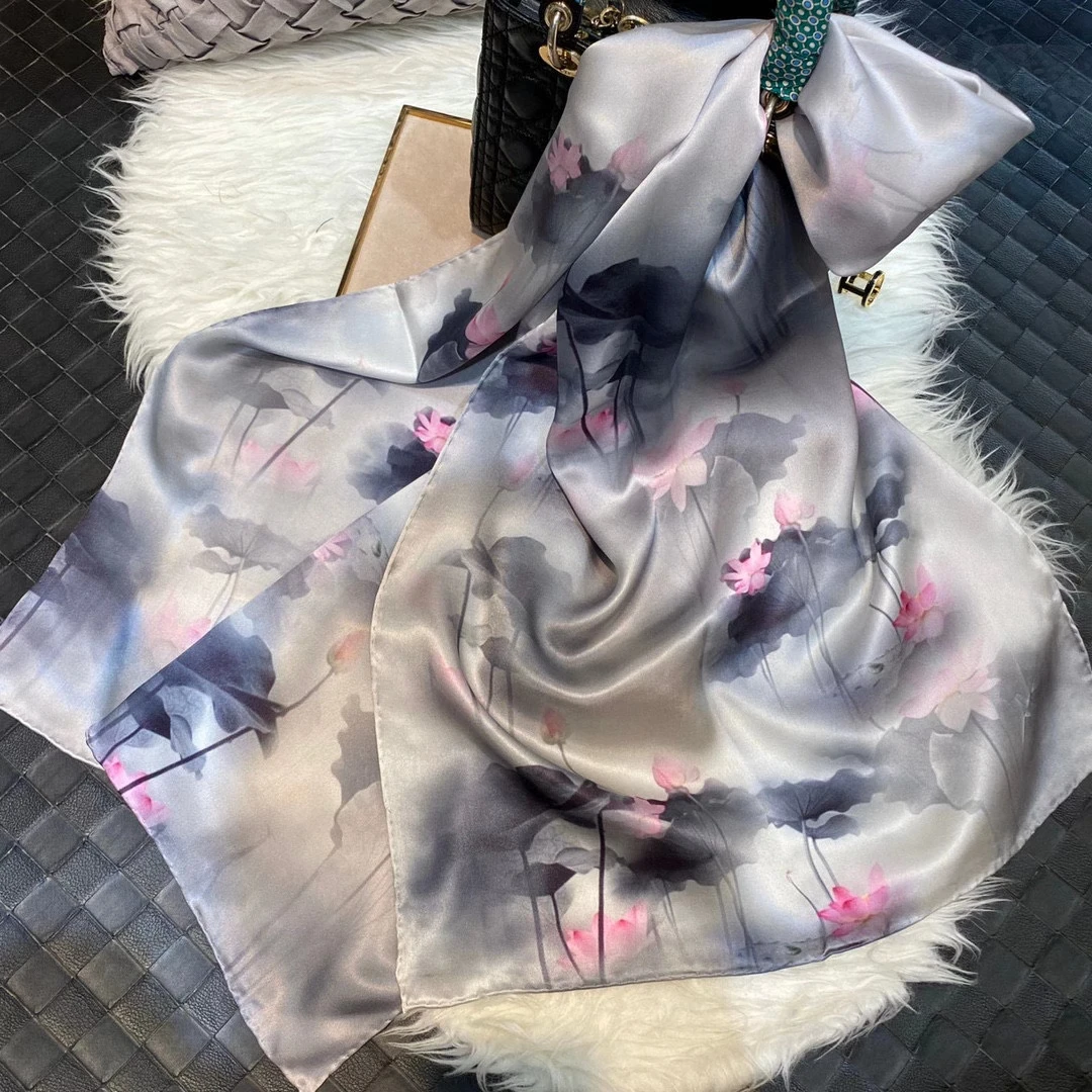 Chinese Style Ink Lotus Silk Scarf Shawl Women 2021 New Design 100% Natural Silk Long Scarves Grey Pink Neck Scarves 175*53cm