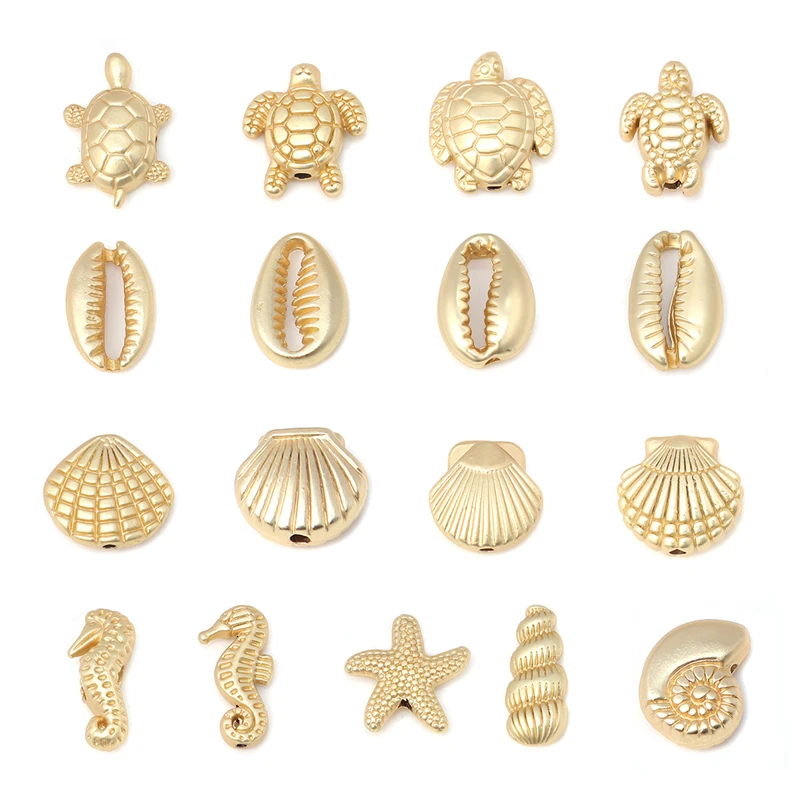 10 PCs Ocean Jewelry Beads Zinc Alloy Sea Turtle Conch Star Fish Animal Matt Gold Color Accessories for DIY Jewelry