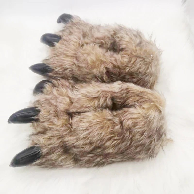 Wholesale Luxury Fluffy Paw AntiSlip Brown Plush House Indoor Slippers Men Animal Plush Home Bedroom Claw Slides Women Sandals