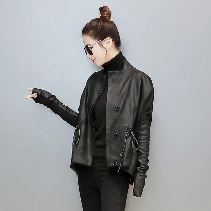 Autumn New Women Adjustable Waist Sheepskin Genuine Leather Jacket Ladies Spliced Batwing Sleeve Slim Fit Short Outerwear Coat