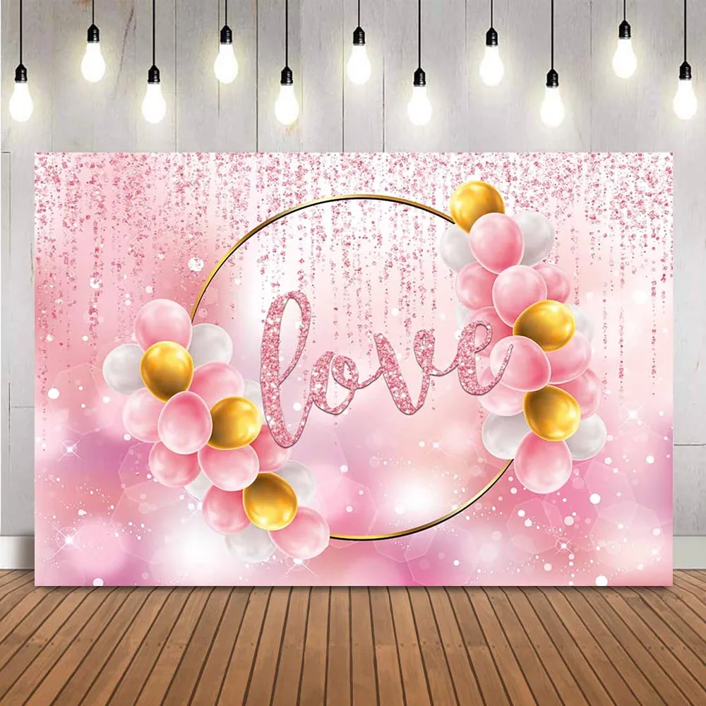 

Pink Glitter Love Backdrop for Photography Valentine's Day and Mother's Day Photo Background Sweet 16th Birthday Decoration Prop