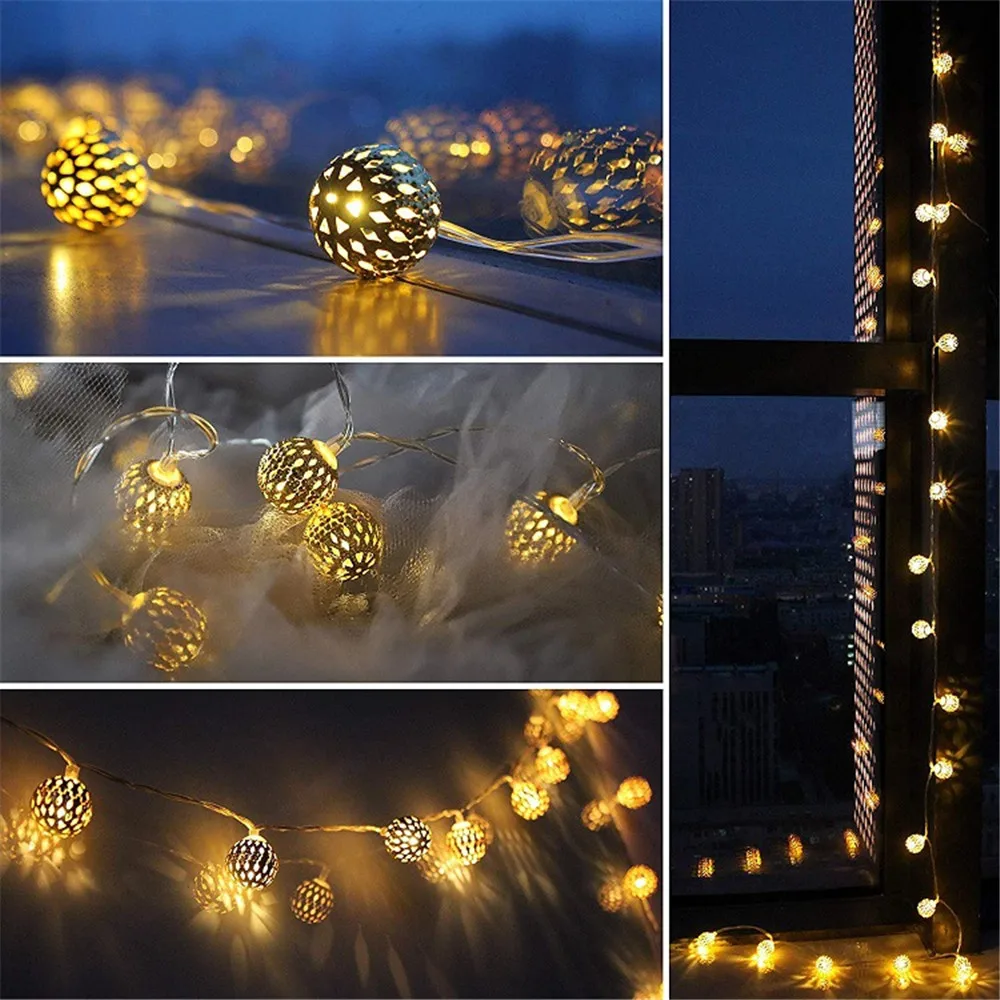 10/20/40/50leds Fairy Moroccan Hollow Metal Ball LED String Lights Battery Powered for Wedding Holiday Indoor Outdoor Decoration