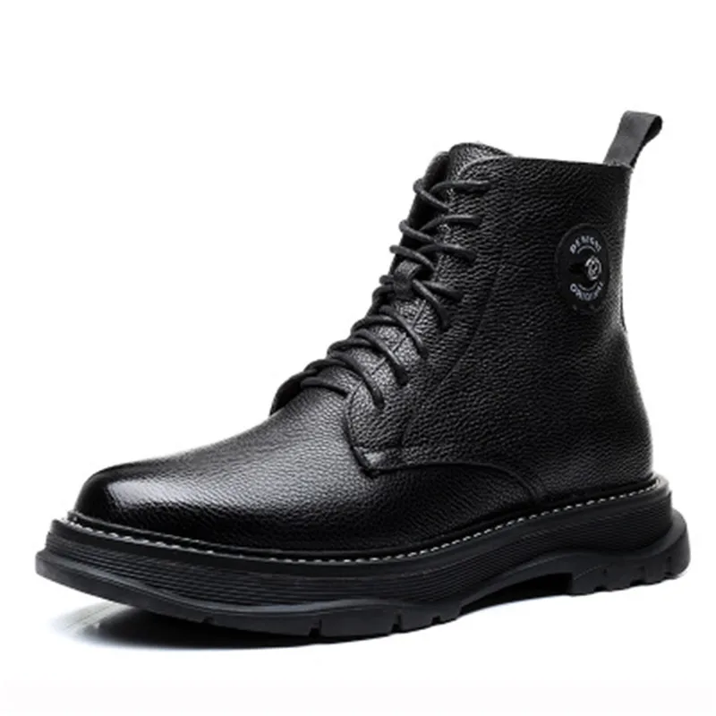 Bmante Men's Boots Genuine Leather Solid Dark Ankle Snow Boots Winter Flats High Top Shoes Gothic Owen Casual Male Sneakers