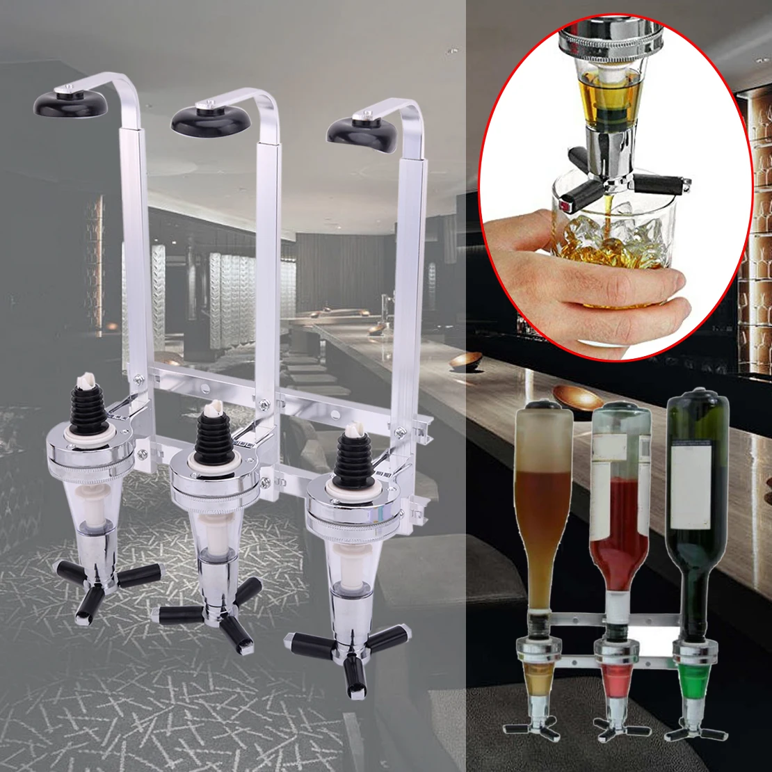 

3 Bottle Stand Wall Mounted Drinks Wine Liquor Spirits Dispenser Pourer Bar Party Pub Tool Mixing Drinks