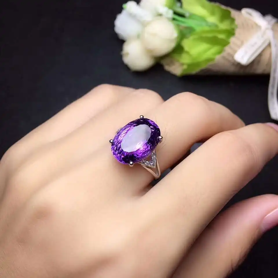 

Natural And Real Classic Silver 925 Jewelry Amethyst Silver Rings For Women With Oval Shaped Gemstones Engagement Female Gift