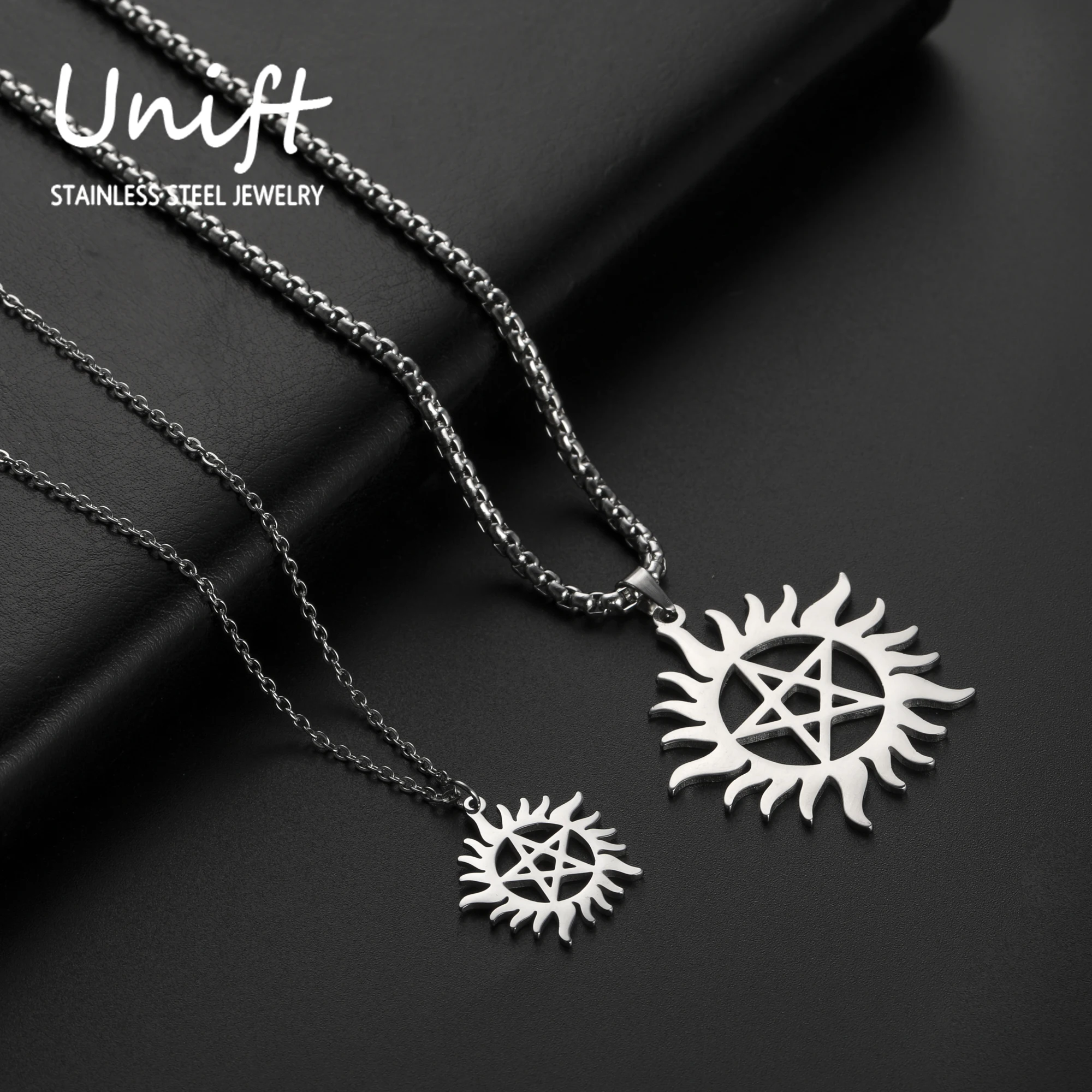 Unift Vintage Stainless Steel Gear Pentagram Sun Necklaces Women Men Supernatural Amulet Wicca Witchcraft Couple Jewelry Gift