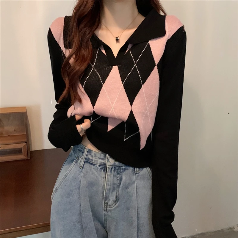 Ladies Sweaters Autumn Winter New Plaid Long Sleeve Top Loose Turn-down Collar Sweater Women Knitted Pullover Pull Femme Fashion