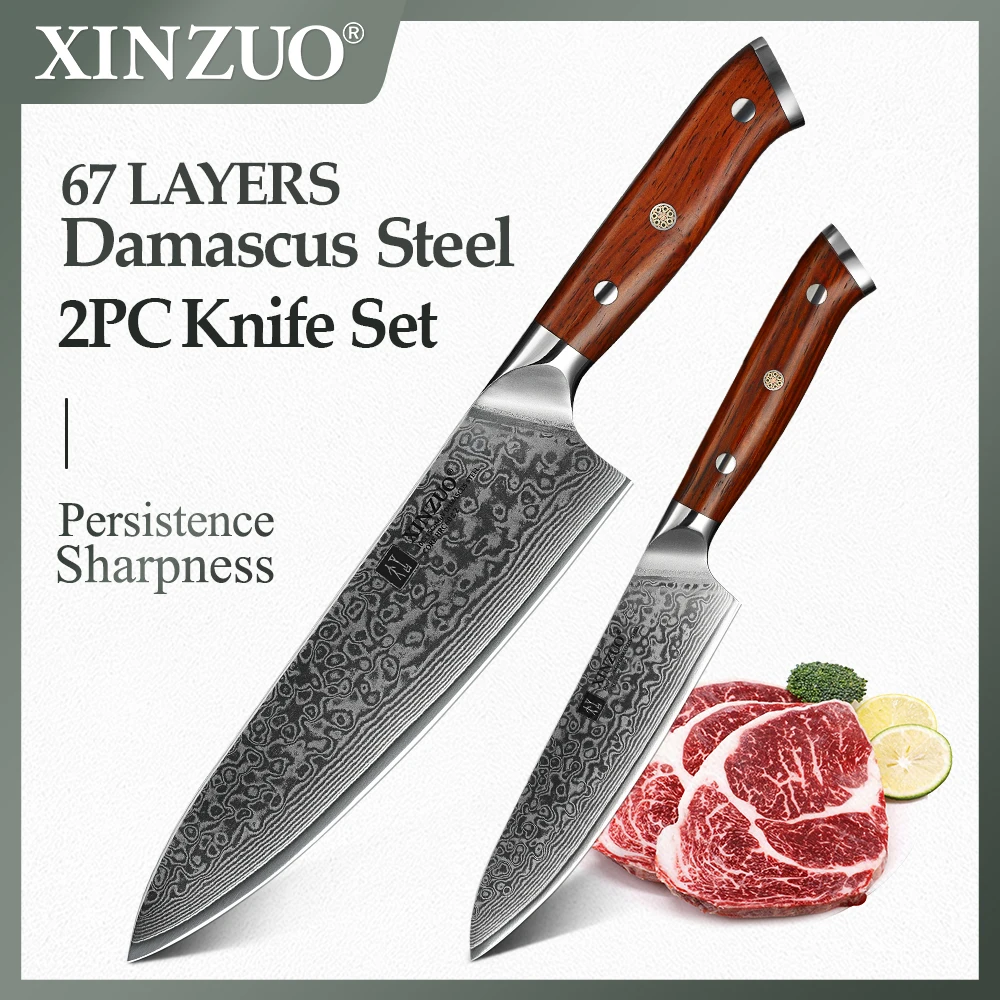 

XINZUO 2 PCS Kitchen Knife Set Damascus Steel Chef Cutter Pro Utility Knives Stainless Steel Sharp Cutlery with Rosewood Handle