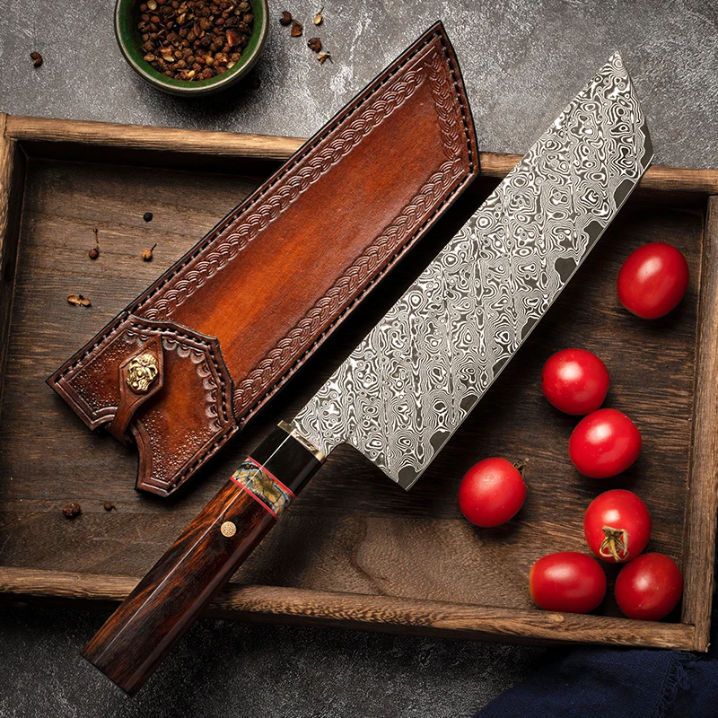 FZIZUO Damascus Steel Nakiri Vegetable Knife 8inch Desert Ironwood Handle Handmade Japanese Style Kitchen Chef Knife with Sheath