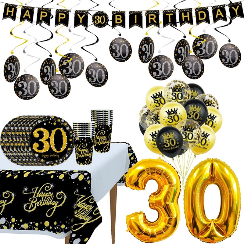 

Happy 30th Birthday Party Decorations Black Gold Birthday Banner Balloon Tableware Adult 30th Birthday Party Supplies 30 Years