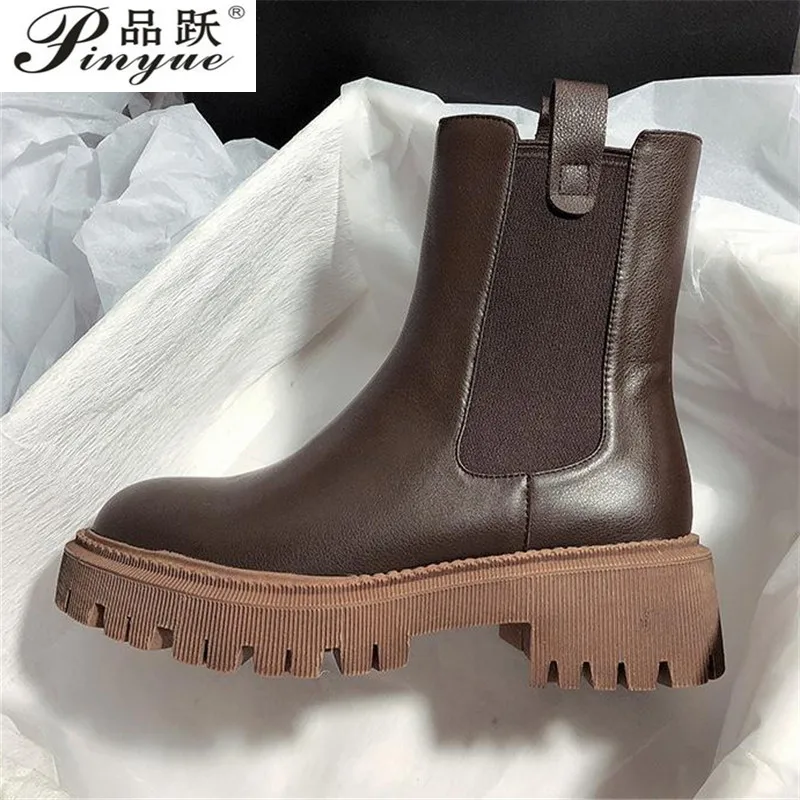 

Chelsea Boots Chunky Boots Women Winter Shoes PU Leather Plush Ankle Boots Black Female Autumn Fashion Platform Booties