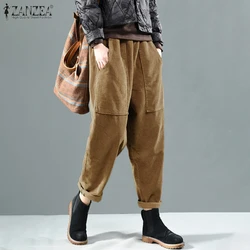 Women Autumn Elastic Waist Corduroy Pants Solid Long Trousers ZANZEA Vintage Corduroy Harem Pants Loose Turnip Pantalon Casual