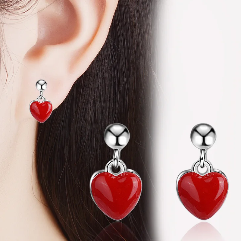 Simple Fashion 925 Sterling Silver Earrings Red Heart Tassel Earrings For Women Girl Friend Gift oorbellen S-E496