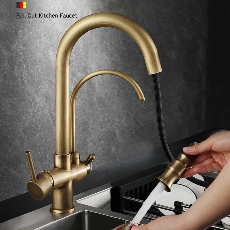 Filtered Pure Water Kitchen Faucet Deck Mount Antique Brass Faucet 360 Rotate Drinking Water Taps Hot/Cold Water Mixer Tap Crane