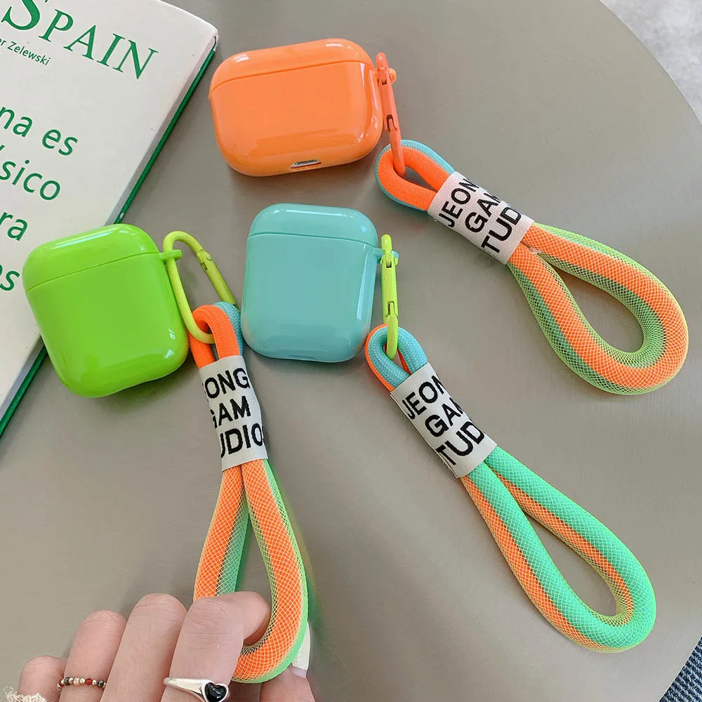 For Airpods 2 Pro 1 3 Earphone Case Fluorescence Orange Green Rope Keyring Cases Cute Soft Silicone Solid Color Headphone Cover