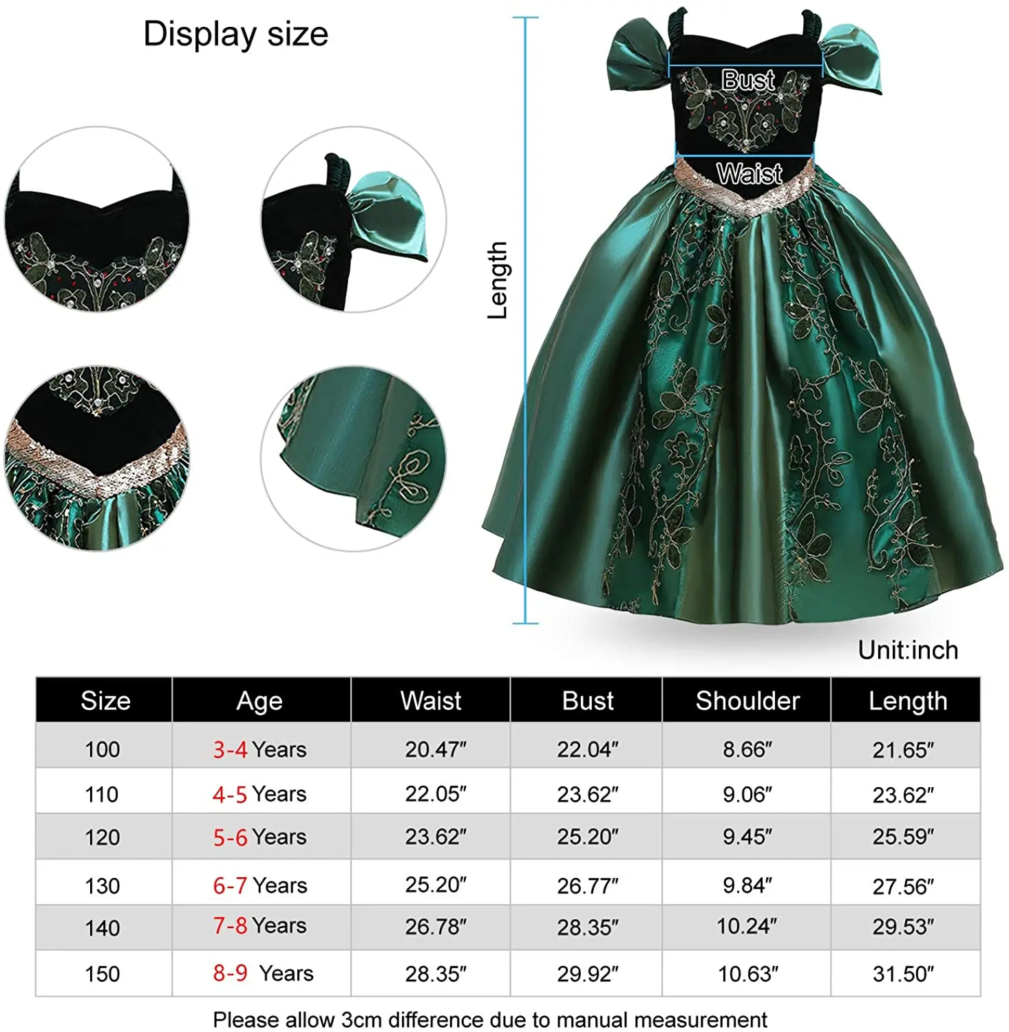 Anna Embroidery Fancy Dress Girls Dresses Up Princess Queen for Halloween Costume Birthday Party Cosplay Show Children's Day Gif