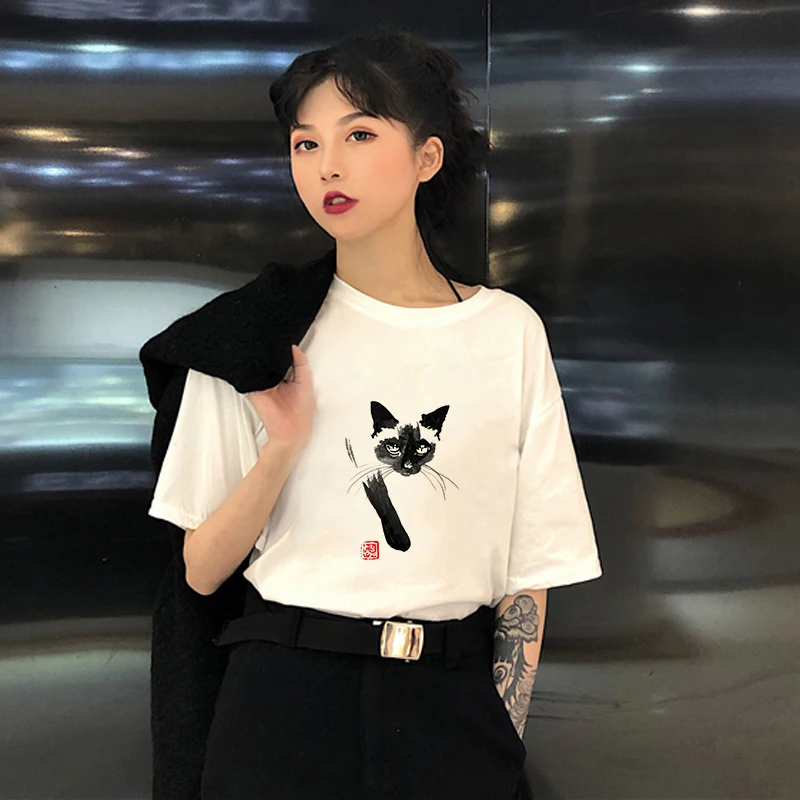 Chinese Ink Painting O-Neck Short Sleeve Aesthetic Plus Size Fashion Tee Tops Showtly Funny Cool Black Cat Hipster T Shirt