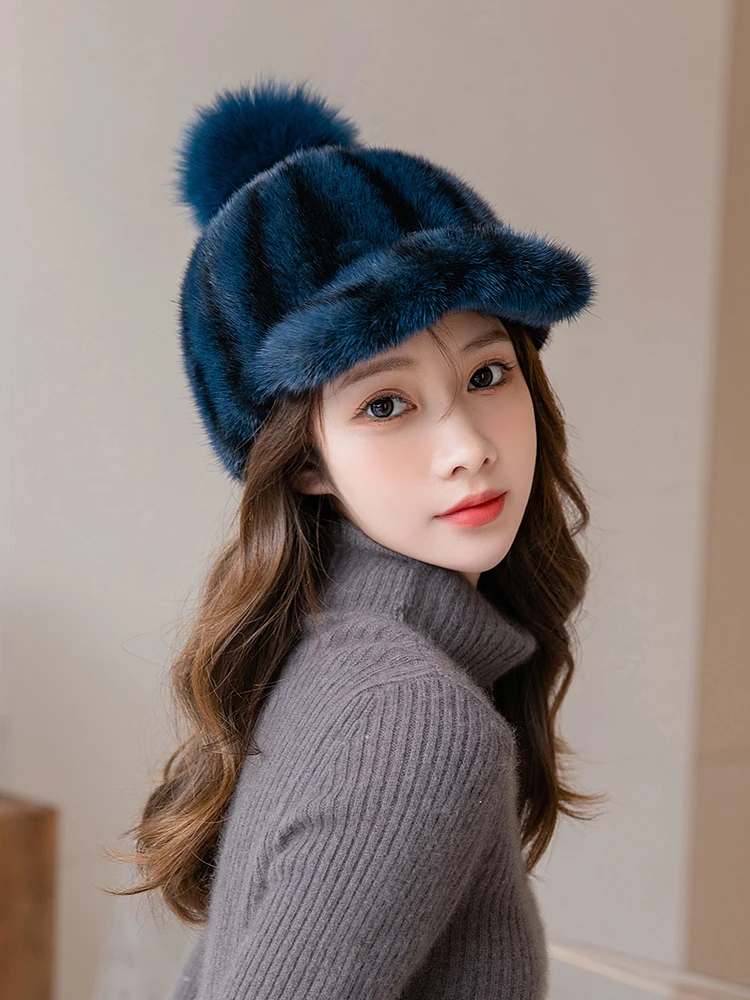 ZDFURS*Hat female autumn and winter mink fur grass mink fashion Korean fashion versatile Knight baseball cap