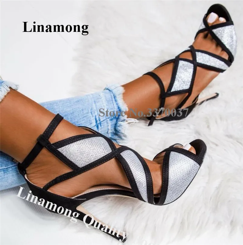 Linamong Bling Bling Silver Glitters Stiletto Heel Gladiator Sandals Patchwork Grid Cut-out High Heel Sandals Dress Shoes