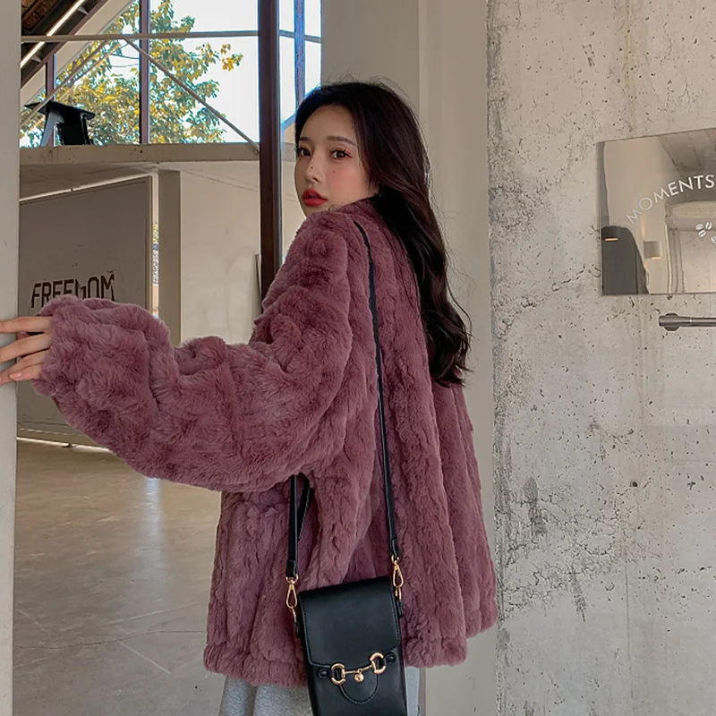 Autunno donna albicocca Faux Rabbit Fur Coat Casual coreano scollo a v manica lunga Coath Outwear inverno allentato Casual femminile Abrigo Mujer