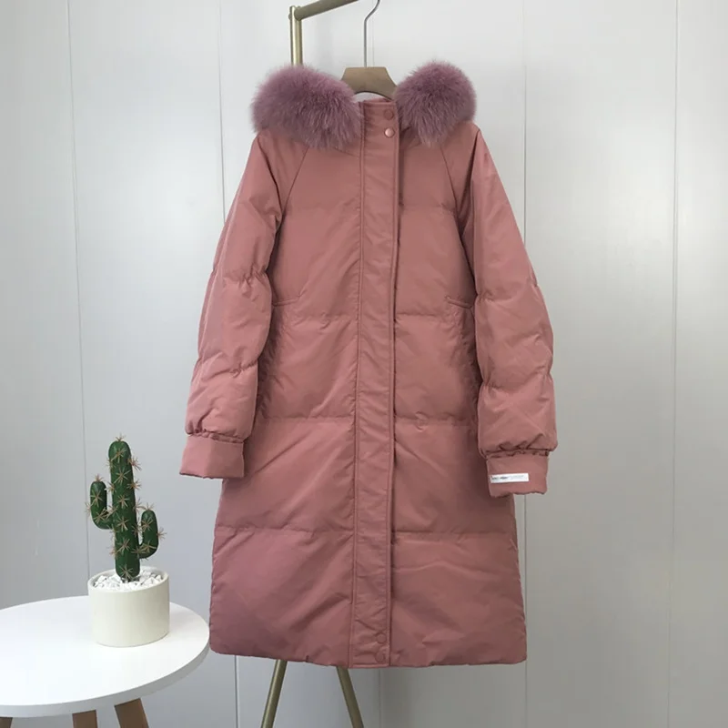 2021 Winter New Large Fur Collar Down Jacket Women Mediunm Long Solid Color Fashion All Match Thick Hooded Loose Warm Coat