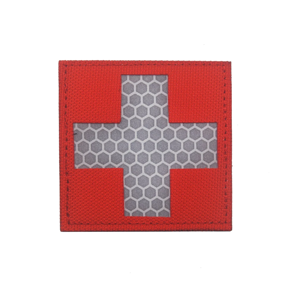 1PC 3D Embroidered Patch Cross Medical Assistant Red Chapter Reflective Sticker Clothes Backpack Hat Logo Glowing Luminous Badge