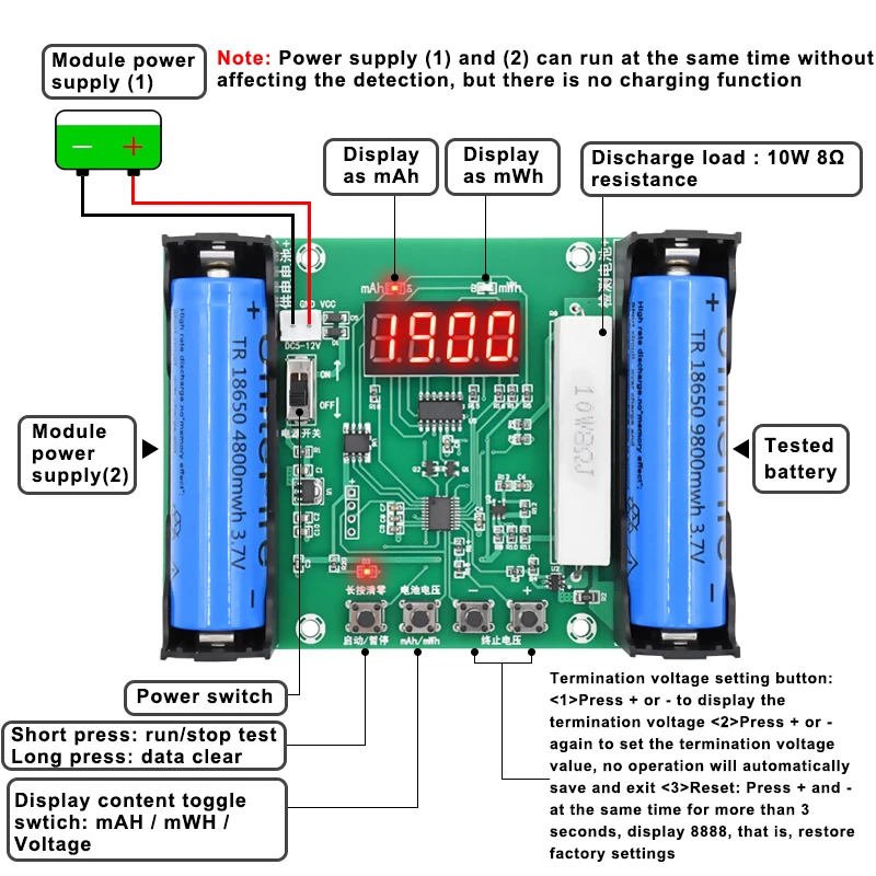 18650 Lithium Battery Capacity Tester Cell Holder Stand Module Discharge Electronic Load Monitor 26650 21700 AAA