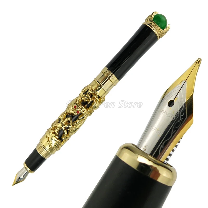 Jinhao Brilliant Gold Metal Ancient Dragon King Pearl Carving Embossing Medium Nib Fountain Pen Office School Stationery