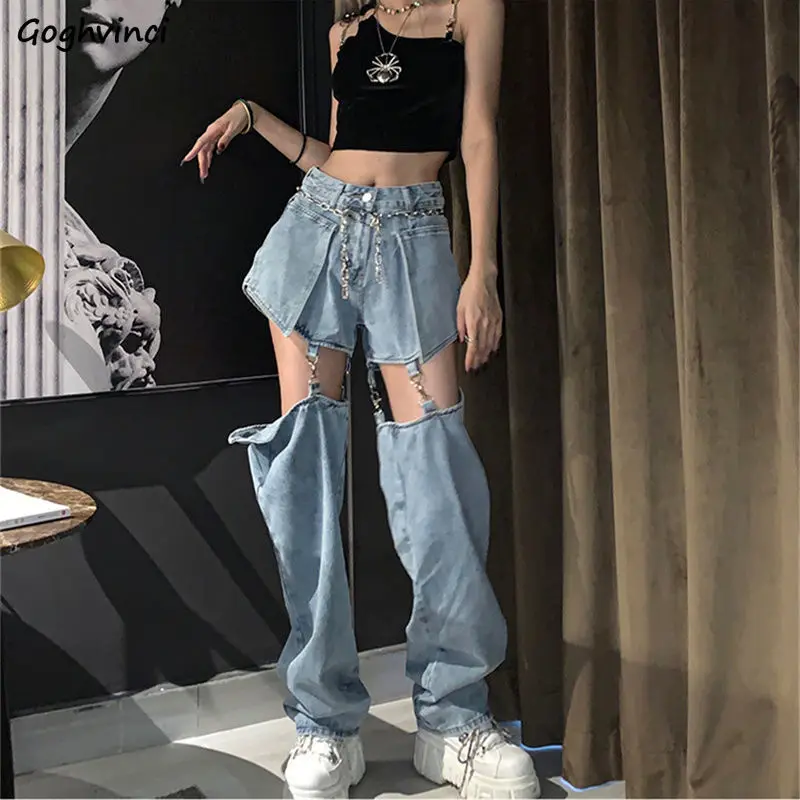 Pantalones vaqueros holgados de pierna ancha para mujer, ropa de calle de moda para niña, pantalones de cintura alta extraíbles para novios, Hip-hop Chic finos