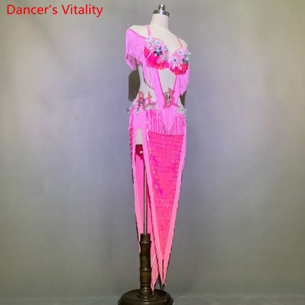 Costume de spectacle de danse du ventre personnalisé, soutien-gorge à franges, ensemble jupe Sexy à paillettes fendues, vêtements de scène de danse de tambour indien Oriental