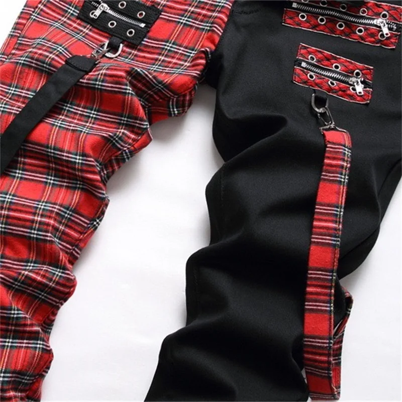 EH·MD® Plaid Jeans Men's Matching Color Rope Zipper Metal Button Double Row Trim Cotton Stretch Four Seasons Style 3D Pendant 23